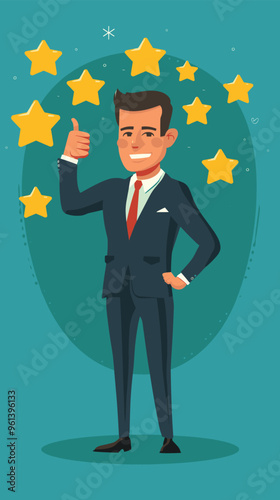 Satisfied Business Owner Giving Enthusiastic Thumbs Up and Five-Star Rating, Representing Excellent Customer Feedback, User Experience, and Top Rankings