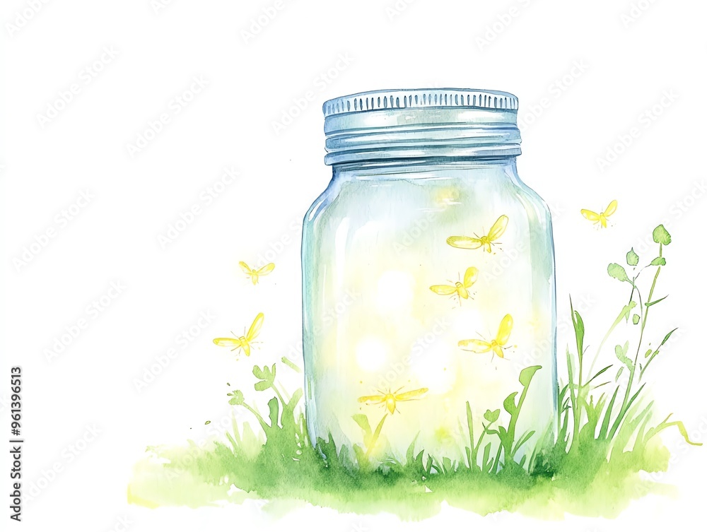 A mason jar filled with fireflies, watercolor illustration, glowing softly in a dreamy scene, isolated on white background A mason jar filled with fireflies, watercolor illustration, glowing softly in a dreamy scene, isolated on white background