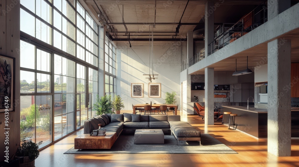 Modern Industrial Loft with Large Windows, Open Living Space, and Contemporary Furniture