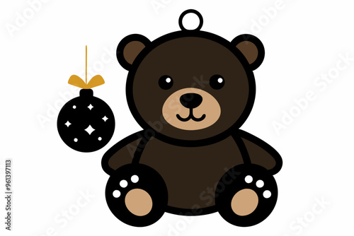 Cute Teddy Bear Baby Shower Clipart with Simple Christmas Ornament Black Silhouette.