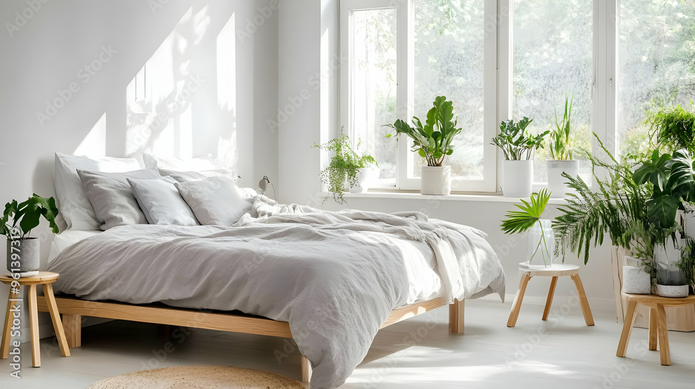 A serene bedroom filled with natural light and indoor plants, creating a calming atmosphere. A serene bedroom filled with natural light and indoor plants, creating a calming atmosphere.