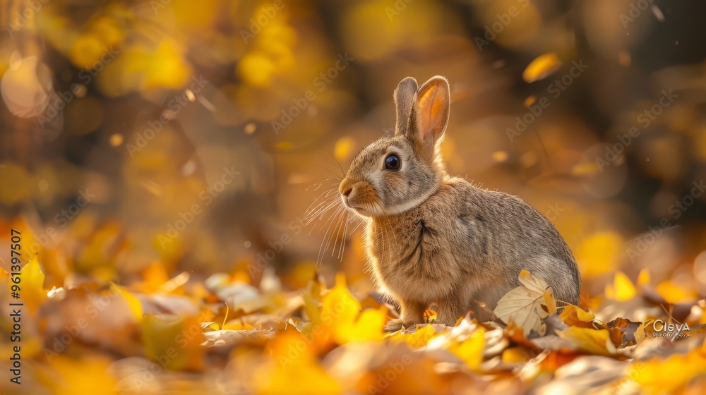 Fototapeta premium A rabbit sits amidst a mound of leaves, gazing quizzically at the camera