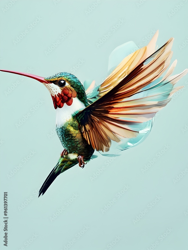 Fototapeta premium Vibrant Hummingbird Transformed into Feather Duster on Pale Blue Background