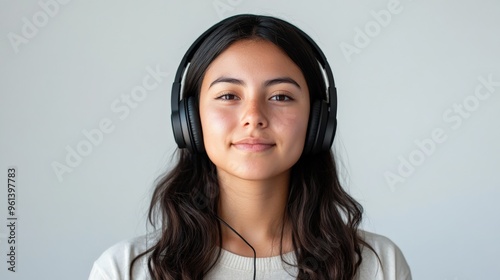 A young girl with long dark hair wears black headphones, exuding simplicity and serenity. The minimalistic background highlights her calm and composed demeanor.