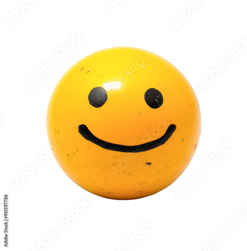 A bright yellow ball with a smiling face isolated on transparency PNG background, set against a black background, perfect for use in promotional materials, mental health campaigns photo