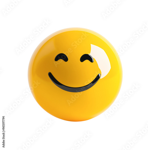 A shiny isolated on transparency PNG background, vibrant yellow smiley face emoji with a beaming smile and closed eyes, ideal for representing happiness, positivity