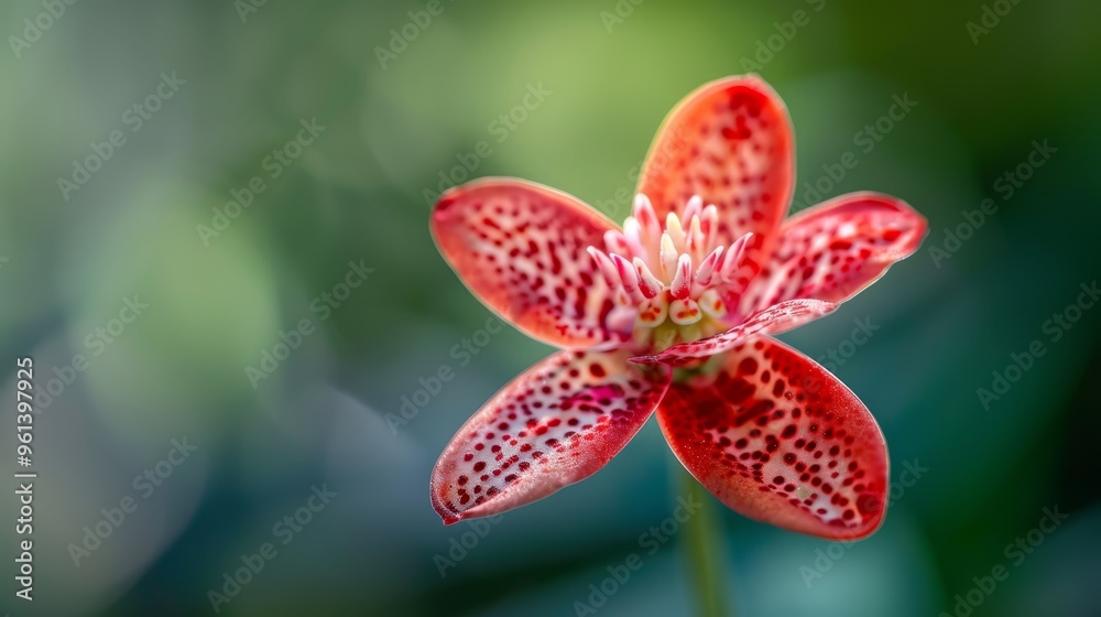 A tight shot of a red and white bloom with blurred leaves in the background A tight shot of a red and white bloom with blurred leaves in the background
