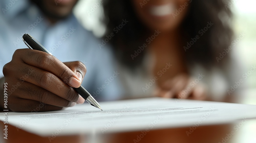 A life insurance policy signed by a black couple, with the document and pen clearly visible. This image emphasizes the straightforward and reliable process of building one's future. A life insurance policy signed by a black couple, with the document and pen clearly visible. This image emphasizes the straightforward and reliable process of building one's future.