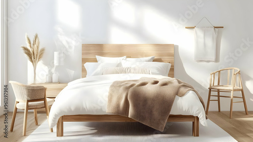 A serene bedroom with a wooden bed, cozy textiles, and minimalist decor.