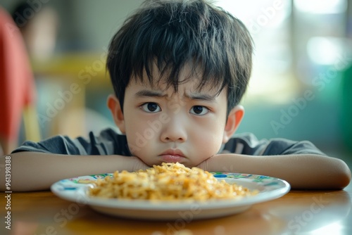 A young child, visibly upset, rests their head on the table, looking sadly at a plate of food, conveying dissatisfaction or reluctance to eat the meal provided.