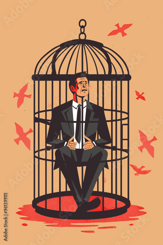 Overworked Male Employee Trapped in Corporate Cage, Suffering from Workplace Discrimination, Bullying, Stress, and Burnout