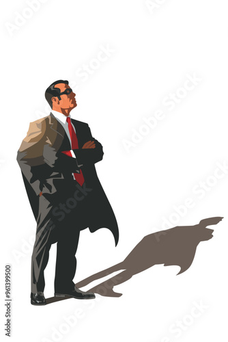 Self-Doubting Businessman with Superhero Shadow, Symbolizing Mental Struggles and Untapped Potential for Confidence and Leadership