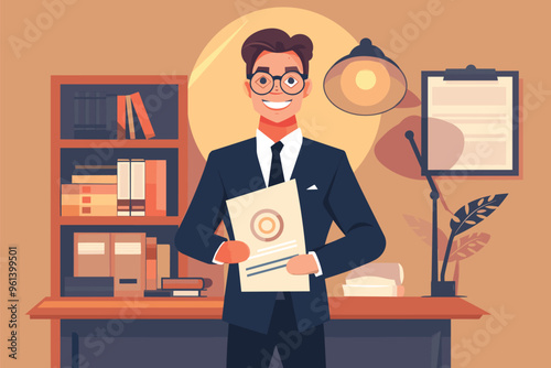 Patent Office Clerk Holding Copyright Symbol, Intellectual Property Protection with Idea Light Bulb and Legal Books, IP Rights Consultation and Defense