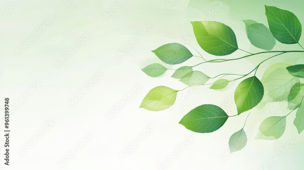Green Leaves on White Background  Fresh Nature  Spring Branch  Organic Design