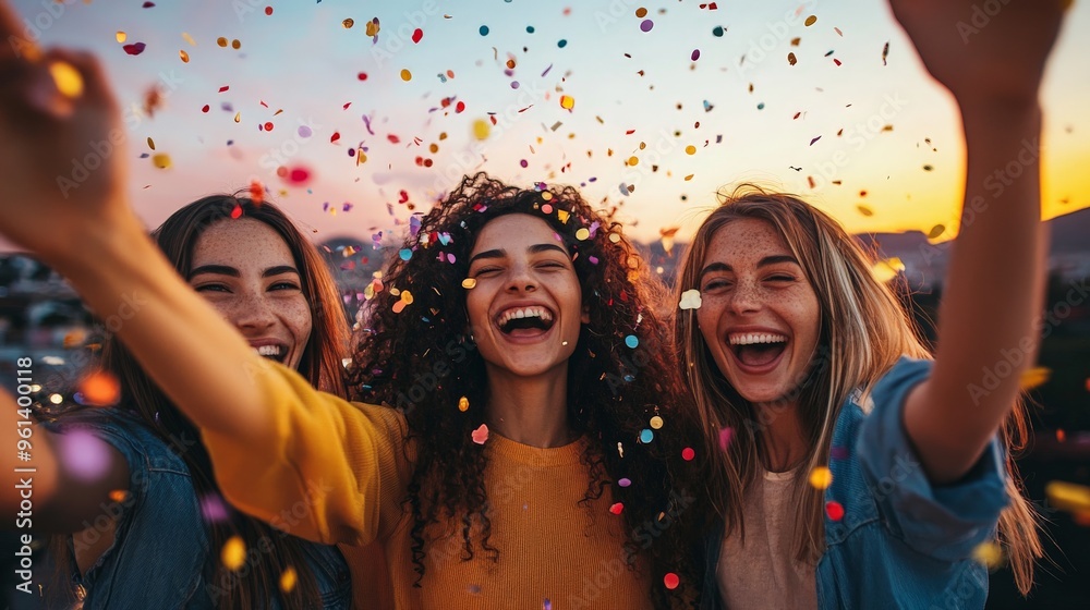 Obraz premium Friends celebrating with confetti during a sunset party, their faces lit with smiles and joy as they enjoy the exuberant moments together in an outdoor festive atmosphere.
