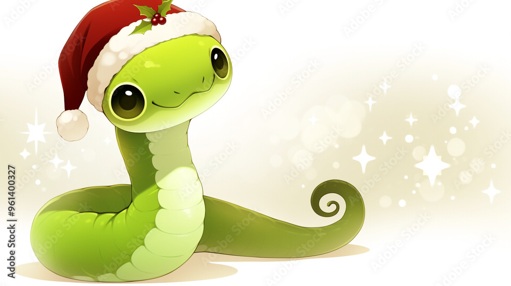 A snake in Santa's hat. Christmas illustration. Postcard. A snake in Santa's hat. Christmas illustration. Postcard.