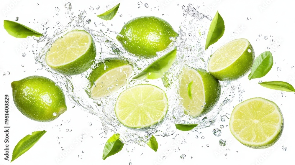 Fresh Limes Splashing in Water with Green Leaves Fresh Limes Splashing in Water with Green Leaves