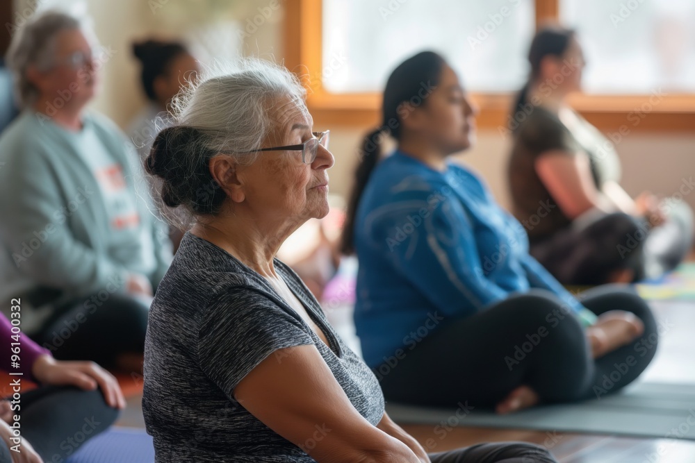 Group of people are sitting cross legged on yoga mats, meditating with their eyes closed Group of people are sitting cross legged on yoga mats, meditating with their eyes closed