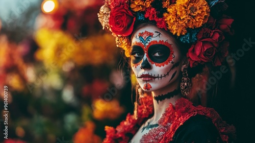 A woman with a face painted like a skeleton with flowers in her hair.