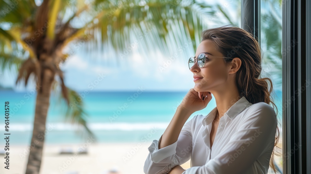 Woman in sunglasses gazing at tropical beach, reflecting relaxation and tranquility, with palm trees and ocean in the background. Woman in sunglasses gazing at tropical beach, reflecting relaxation and tranquility, with palm trees and ocean in the background.