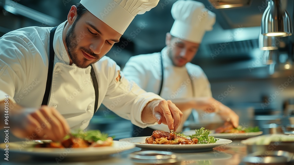 Professional chefs meticulously plating gourmet dishes in a modern kitchen, showcasing culinary skills and attention to detail. Professional chefs meticulously plating gourmet dishes in a modern kitchen, showcasing culinary skills and attention to detail.