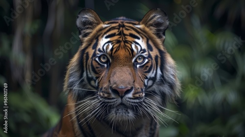  A tight shot of a tiger's face with trees in the background and bushes at the edge