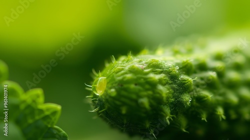  A tight shot of a green leafy plant with a bug scuttling on its rear, surrounded by a hazy background photo