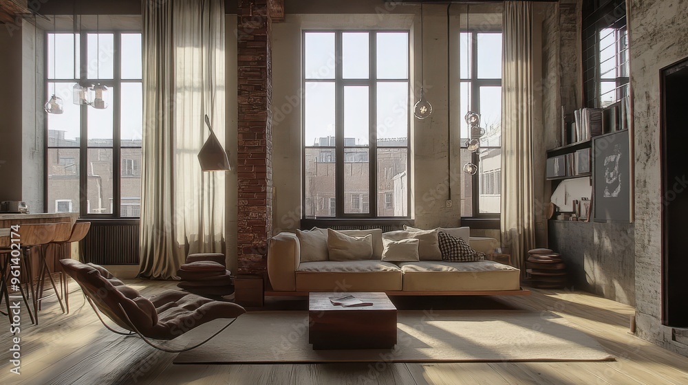 Fototapeta premium Modern Industrial Loft Apartment with Large Windows and Cozy Living Space
