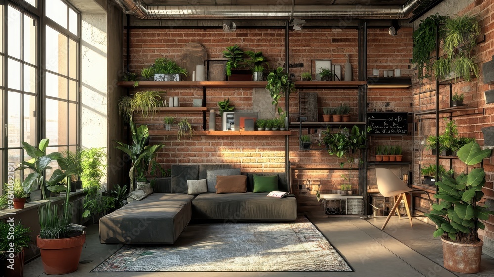 Fototapeta premium Cozy Industrial Living Room with Abundant Green Plants and Natural Light