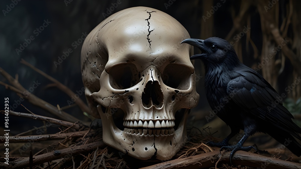A highly realistic image of a decaying human skull, with dry branches winding through its fractures and cracks. A sharp-eyed black feathers crow, stands beside the skull. A highly realistic image of a decaying human skull, with dry branches winding through its fractures and cracks. A sharp-eyed black feathers crow, stands beside the skull.
