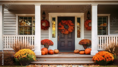 A house decorated with autumn wreaths and pumpkins on the porch photo