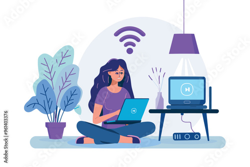 Smart Woman Configuring Wireless Router Using Setup Guide for Internet Connectivity and App Development