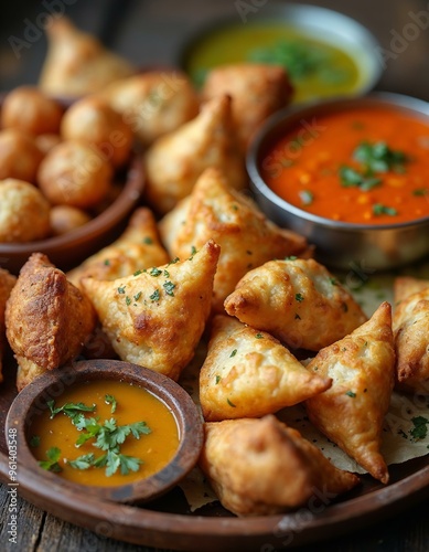 Samosas and Dipping Sauces. Crispy samosas served with a variety of dipping sauces.