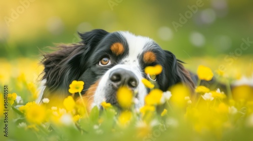  A tight shot of a dog resting in a flower-filled meadow with a soft, indistinct backdrop of its facial features