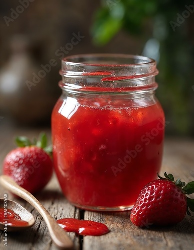 Homemade Strawberry Jam. Jar of homemade strawberry jam with fresh strawberries.