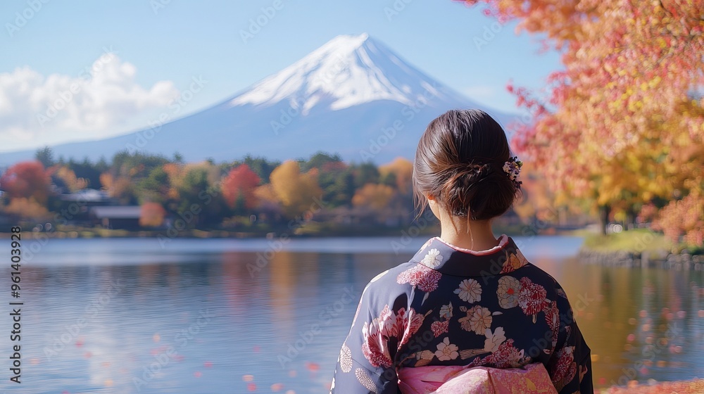 Lake Kawaguchiko in Japan is a beautiful place to visit during autumn. The colorful leaves, Mount Fuji in the background, and a woman wearing a traditional Japanese kimono make for a stunning scene.