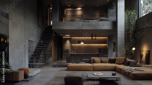 Modern Industrial Loft with Open Living Space, Concrete Walls, and Contemporary Furniture