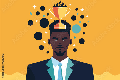 Triumphant African Businessman with Success Trophy Inside Enormous Head, Positive Mindset and Motivation for Personal Growth and Achievement