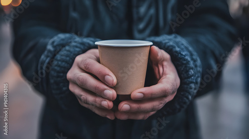 A close-up of a homeless person's hands holding a paper coffee cup with a warm drink in a cold setting evoking vulnerability and need for warmth