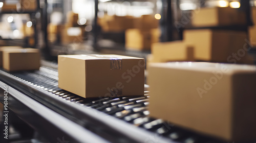 A close-up of cardboard boxes moving along a conveyor belt in a warehouse setting showcasing logistics and efficient packing processes