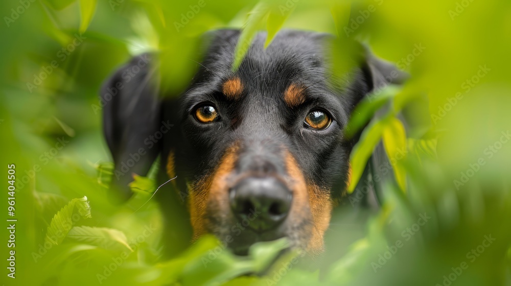 Fototapeta premium A tight shot of a black-and-brown pooch's face emerging from a tree's green foliage