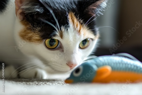 A calico cat with green eyes intently observes a blue toy fish on the ground in a well-lit room, showcasing its curiosity and readiness to interact. photo