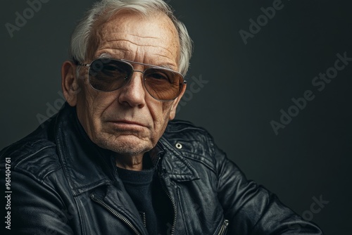 A man dons a leather jacket and aviator shades, exuding confidence and seriousness with a composed demeanor, showcasing a striking and vintage aesthetic.