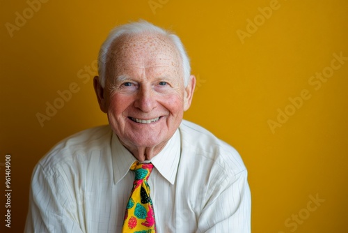 An elderly man with a warm smile wears a bright shirt and a colorful tie, radiating happiness and joy against a yellow background, showcasing a cheerful demeanor. photo