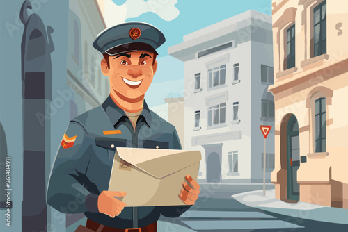 Smiling Caucasian Mailman in Uniform Holding Letter, Standing Next to White Postal Delivery Van