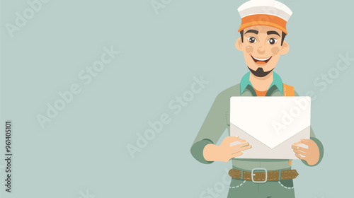 Smiling Caucasian Mailman in Uniform Holding Letter, Standing Next to White Postal Delivery Van