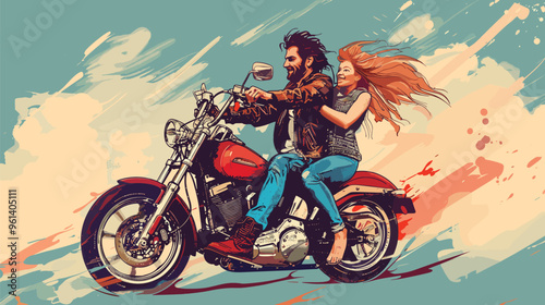 Young Couple in Love Riding Motorcycle, Traveling Together on Two-Wheeler, Trendy Blue Color Style Illustration