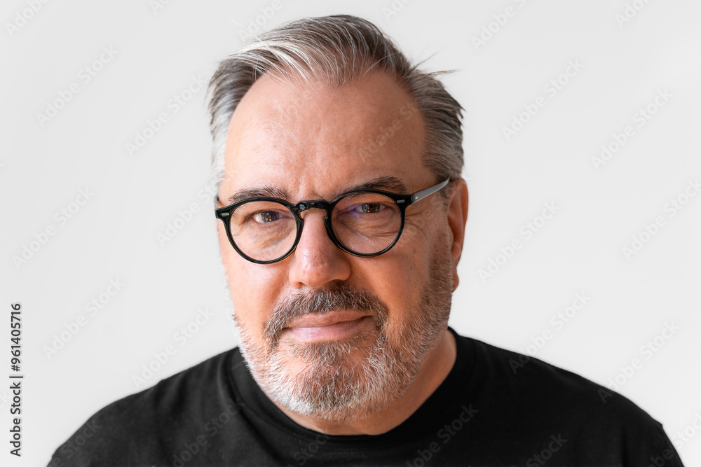 Erwachsener Mann mit grau schwarz meliert Bart in einem schwarzen T-Shirt im Portrait, lächelt in die Kamera, sympathisch, mit einer schwarz umrandete Brille Erwachsener Mann mit grau schwarz meliert Bart in einem schwarzen T-Shirt im Portrait, lächelt in die Kamera, sympathisch, mit einer schwarz umrandete Brille