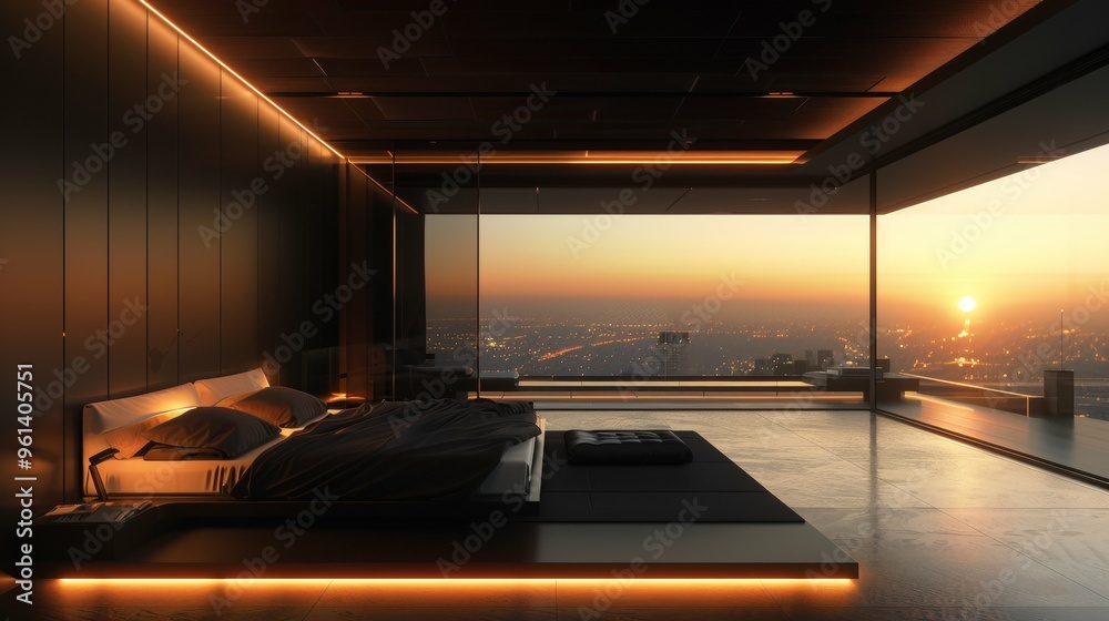 A sleek, modern bedroom with panoramic city views at sunset.