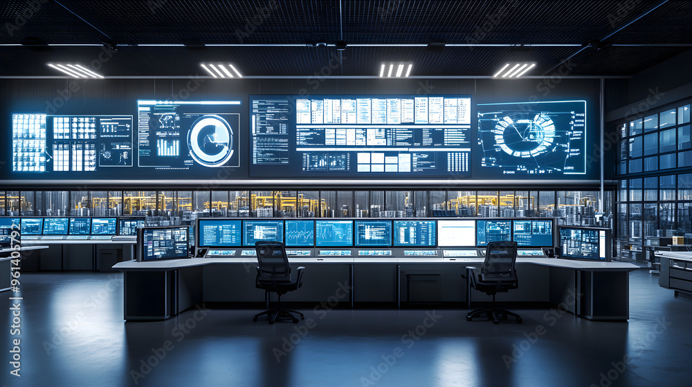 A sleek warehouse control room with digital displays monitors various data and operations featuring advanced technology and a futuristic ambiance A sleek warehouse control room with digital displays monitors various data and operations featuring advanced technology and a futuristic ambiance